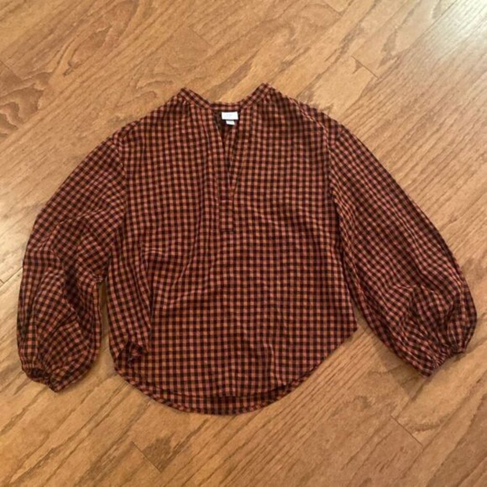 a . new day, extra small shirt, orange, and black plaid